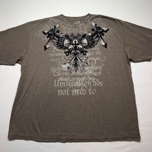 Y2K Graphic T Shirt XXXL Brown Fleur De Lis Wings Cross Tattoo Grunge Mens Tee
